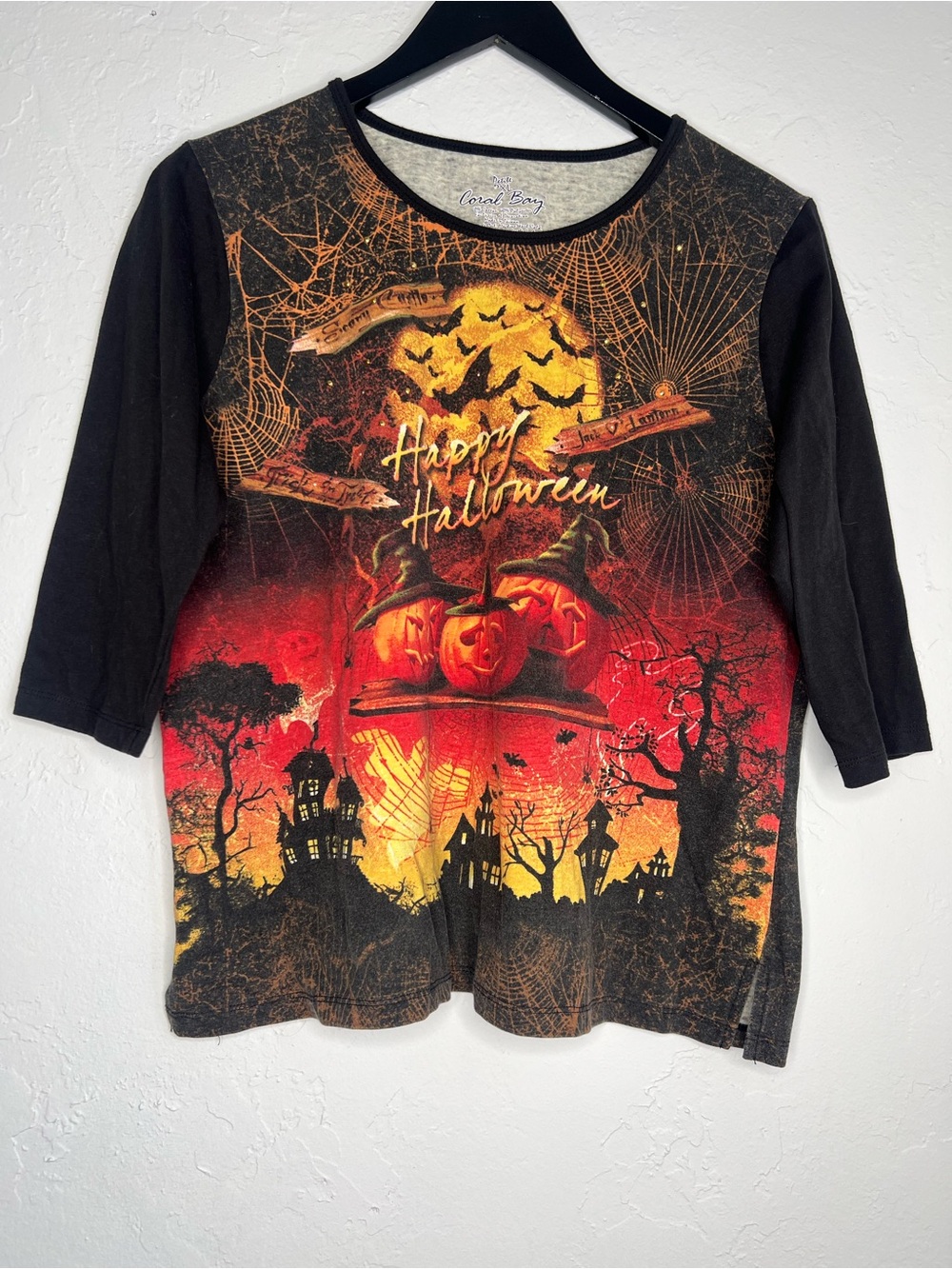 Y2K Halloween Pumpkin Bats Graphic Tee Rhinestone 3/4 Sleeve Spooky Top SZ  PXL